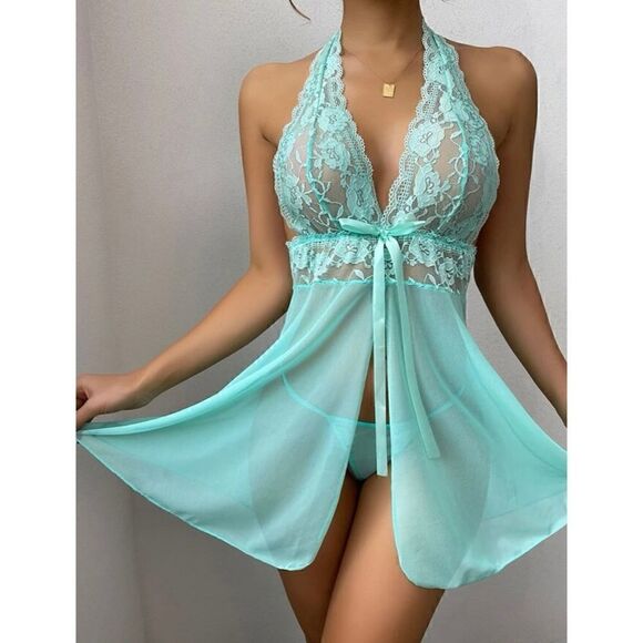 Sexy Lace Mesh Halter Babydoll Slip Dress Lingerie with Thong - Picture 6 of 8